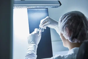 Manual inspector trying to detect defects in a molded glass vial.